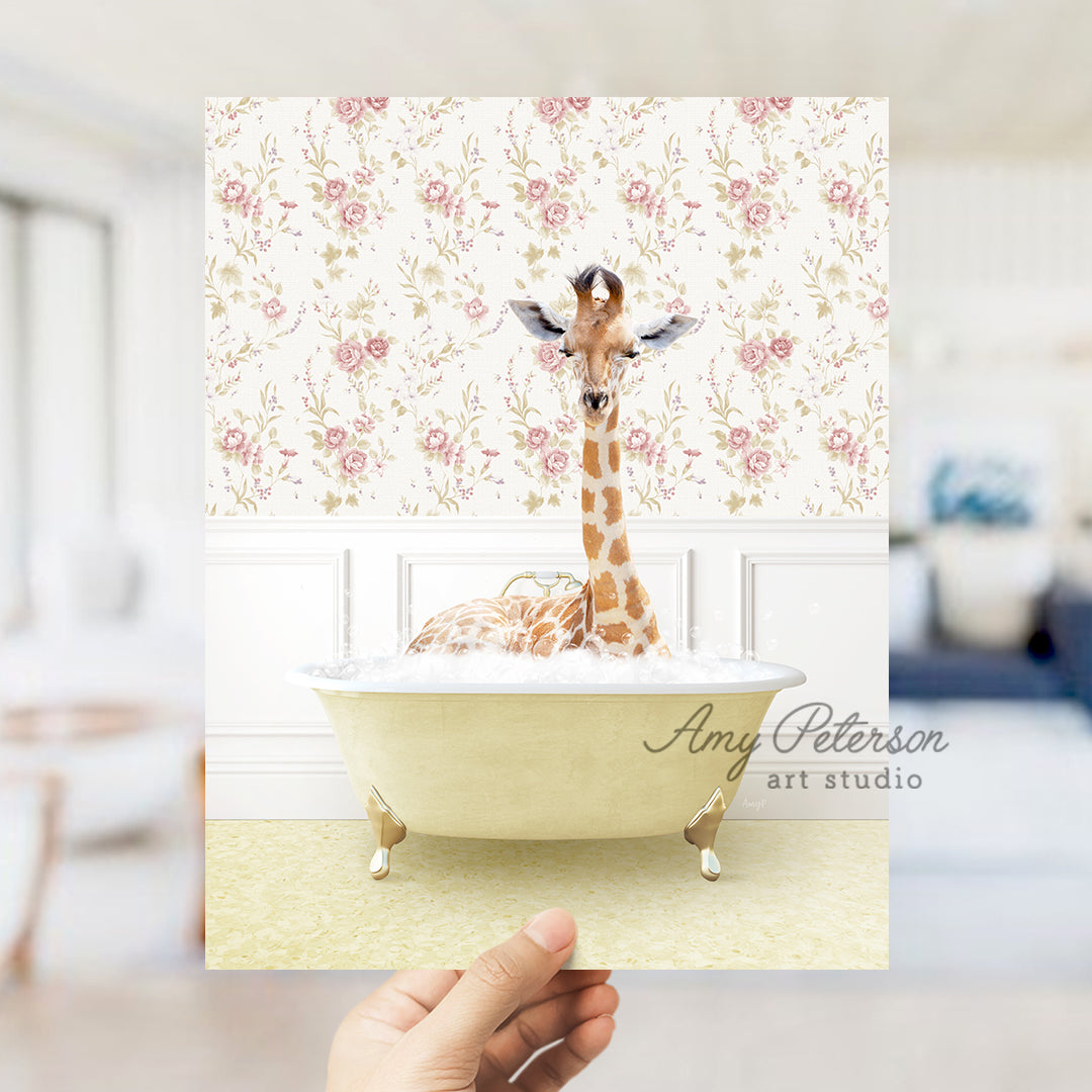 a giraffe is sitting in a bath tub