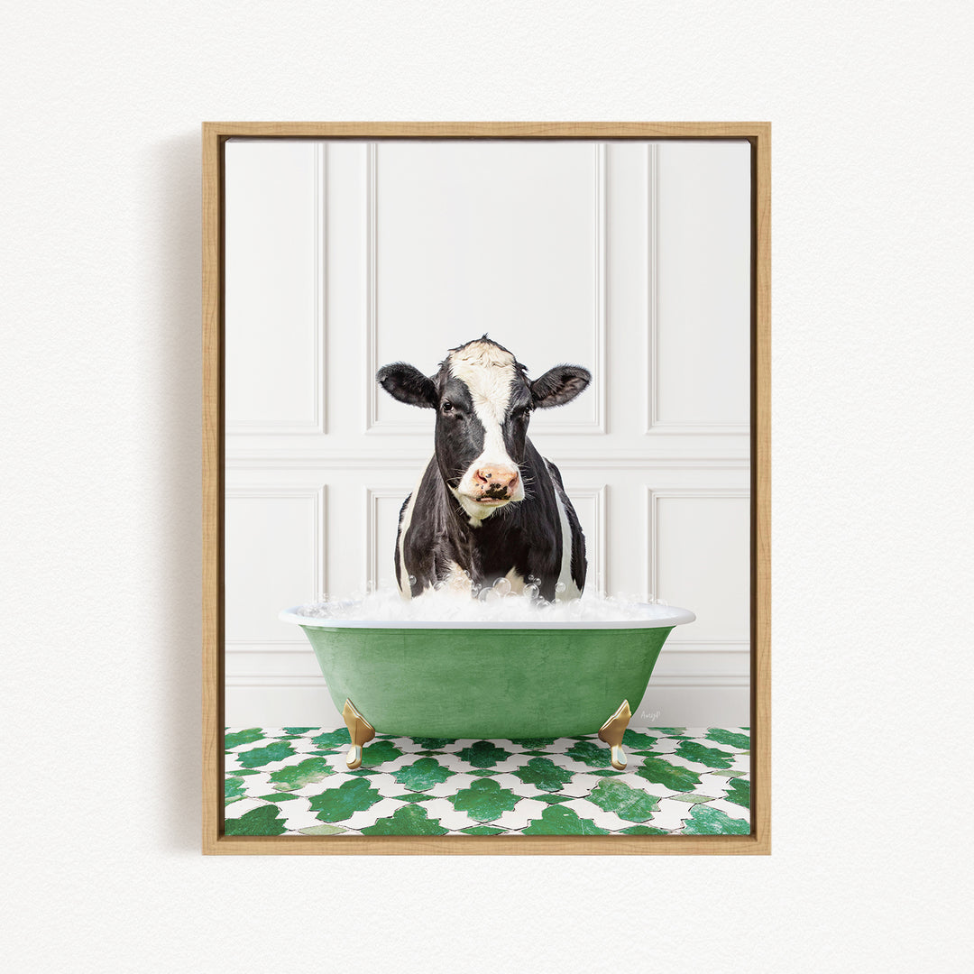 A black and white cow is standing in a green bathtub filled with water, creating a whimsical and humorous scene.