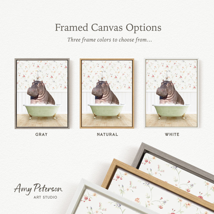 The image is a framed canvas option featuring three different colored frames with a picture of a hippopotamus sitting in a bathtub.