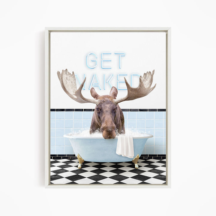 A moose is sitting in a bathtub with its head submerged in the water, surrounded by a checkered floor and a sign that reads "GET NAKED".