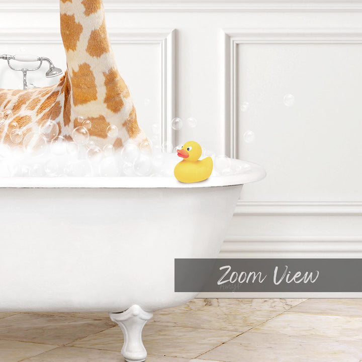 A giraffe is standing in a bathtub filled with bubbles, with a yellow rubber duck sitting on the edge of the tub.