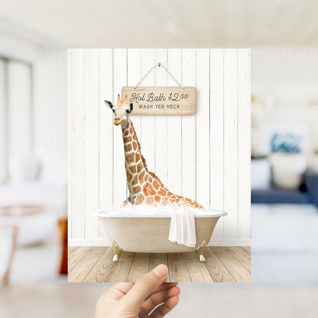 A giraffe sitting in a bathtub, with a sign above it that says "Hot Bath $2.00 WASH YOUR necks".