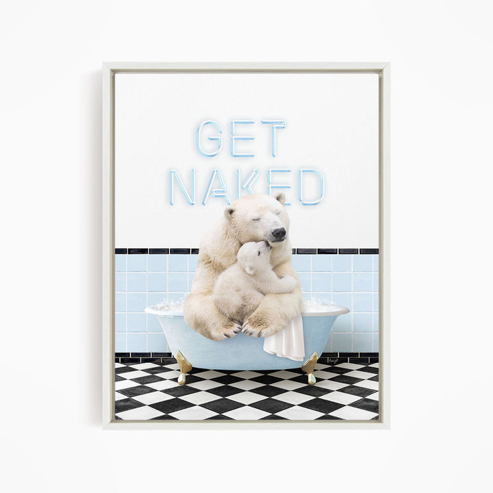 A polar bear sitting in a bathtub with a towel wrapped around it, with the text "GET NAKED" displayed above the bear.