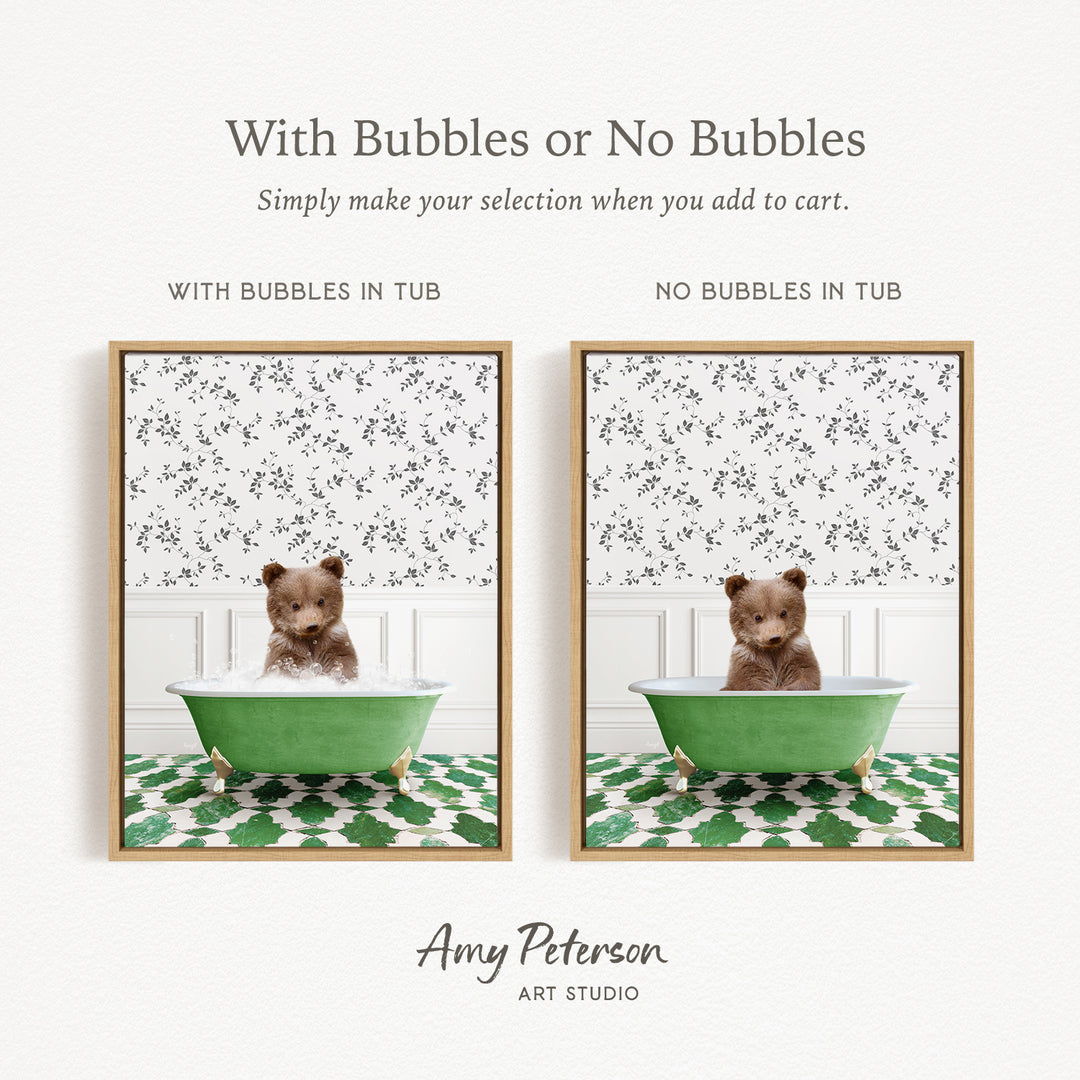 The image is a collage of two pictures featuring a teddy bear sitting in a green bathtub. The teddy bear is sitting in the tub with bubbles, while the other image shows the teddy bear sitting in the tub without bubbles.