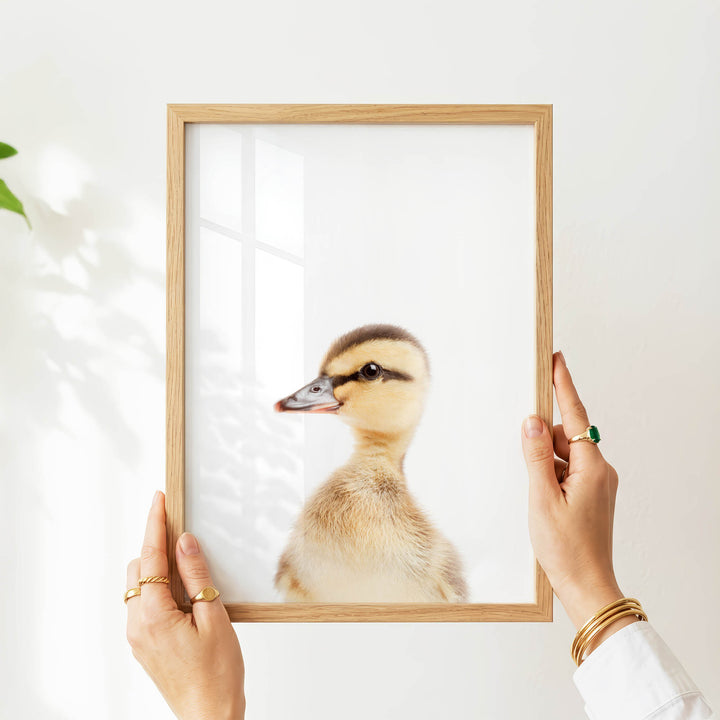 A person's hands are holding a wooden frame with a picture of a duck inside it.
