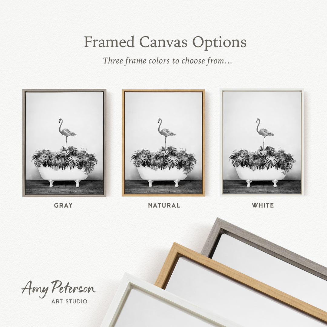 three framed canvas options, each featuring a black and white photograph of a flamingo in a bathtub. The options include a gray frame, a natural frame, and a white frame.