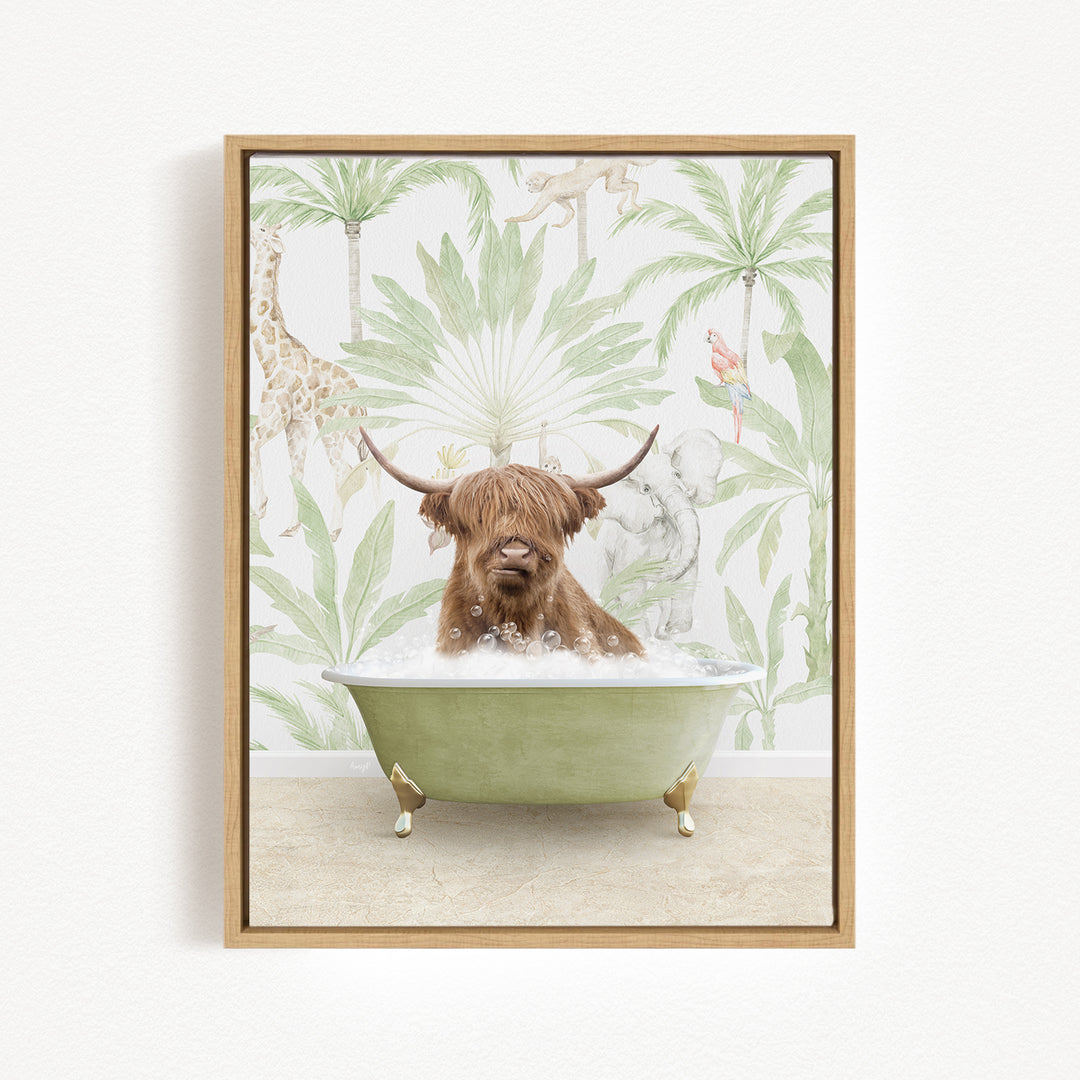 A brown cow with horns is sitting in a green bathtub, surrounded by tropical foliage and animals.