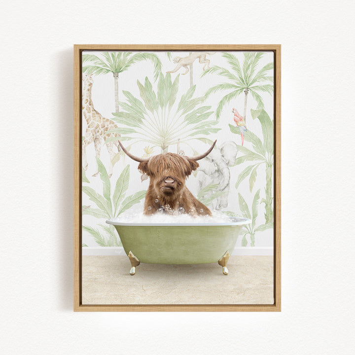 A brown cow with horns is sitting in a green bathtub, surrounded by tropical foliage and animals.