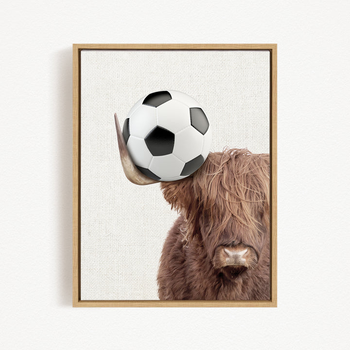 A framed image of a Highland cow with a soccer ball on its head.