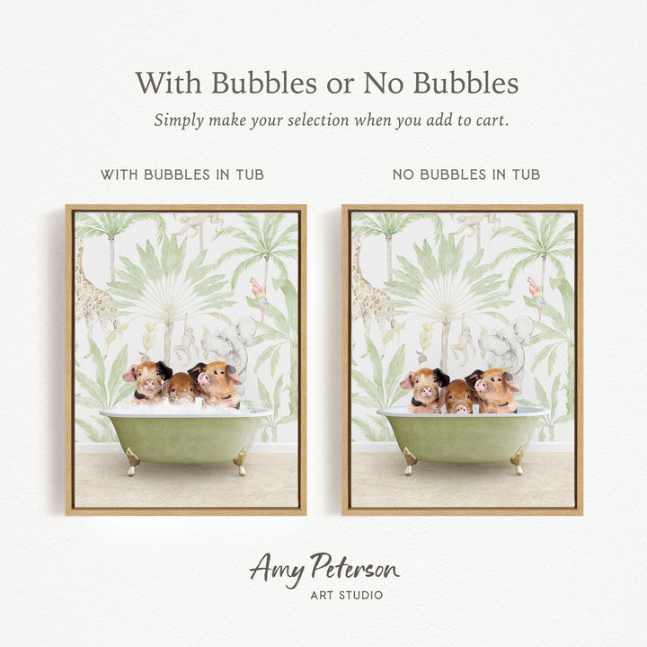 The image is a collage of two framed pictures, each depicting a group of hamsters sitting in a bathtub. The text above the images reads "With Bubbles or No Bubbles" and below the images, it says "Simply make your selection when you add to cart."
