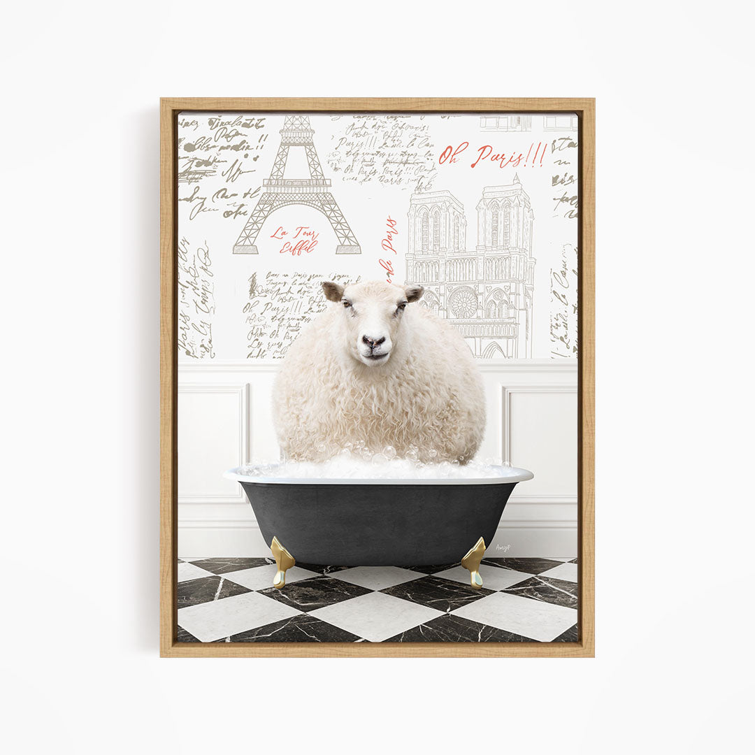 A fluffy white sheep sits in a black bathtub, surrounded by a Paris-themed background with the Eiffel Tower and other landmarks.