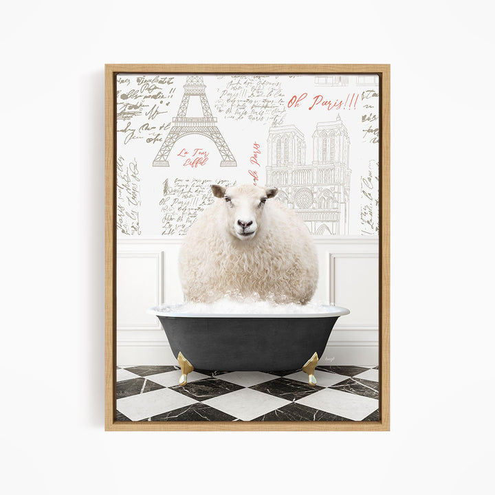 A fluffy white sheep sits in a black bathtub, surrounded by a Paris-themed background with the Eiffel Tower and other landmarks.