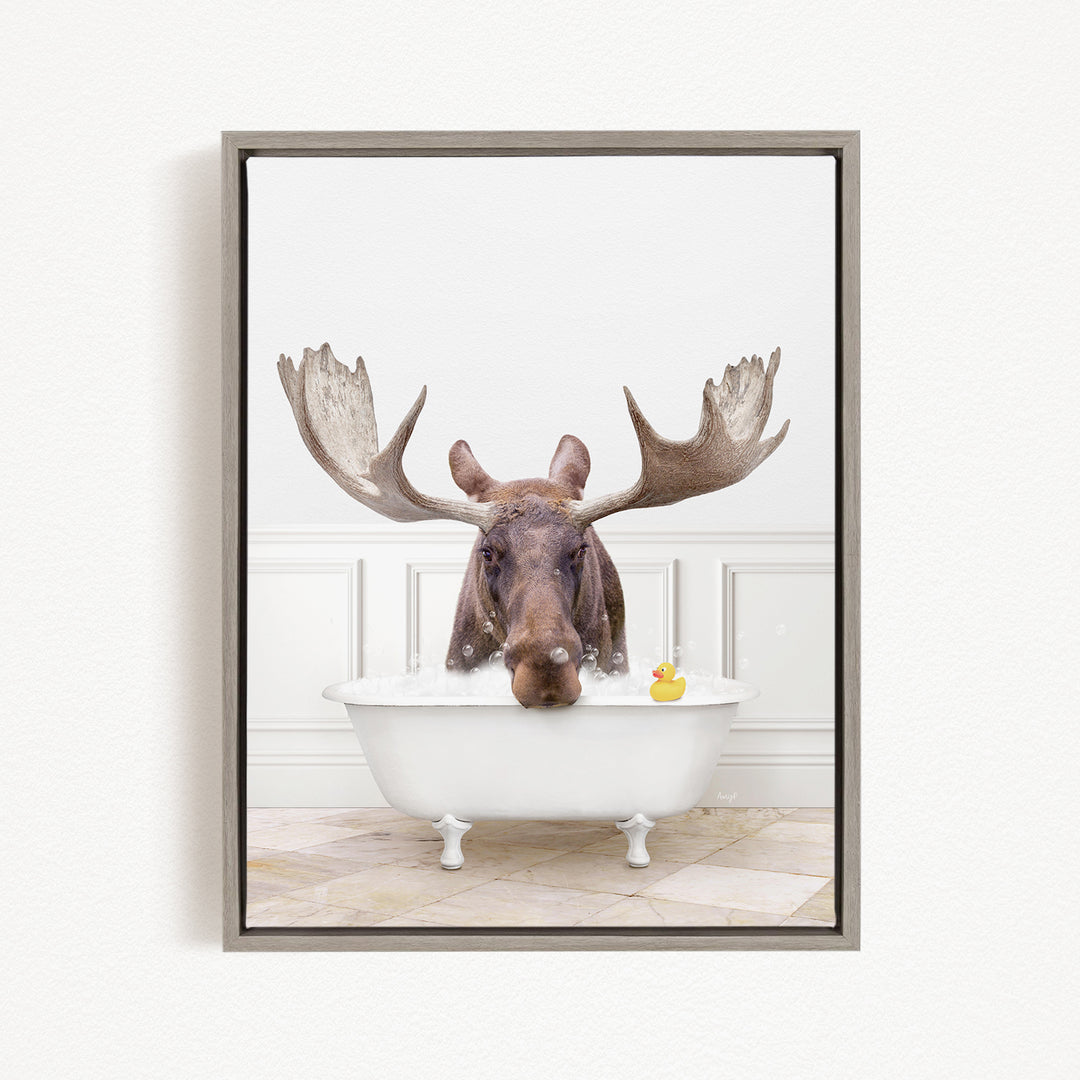 A moose with large antlers is sitting in a white bathtub, with a rubber duck floating in the water.