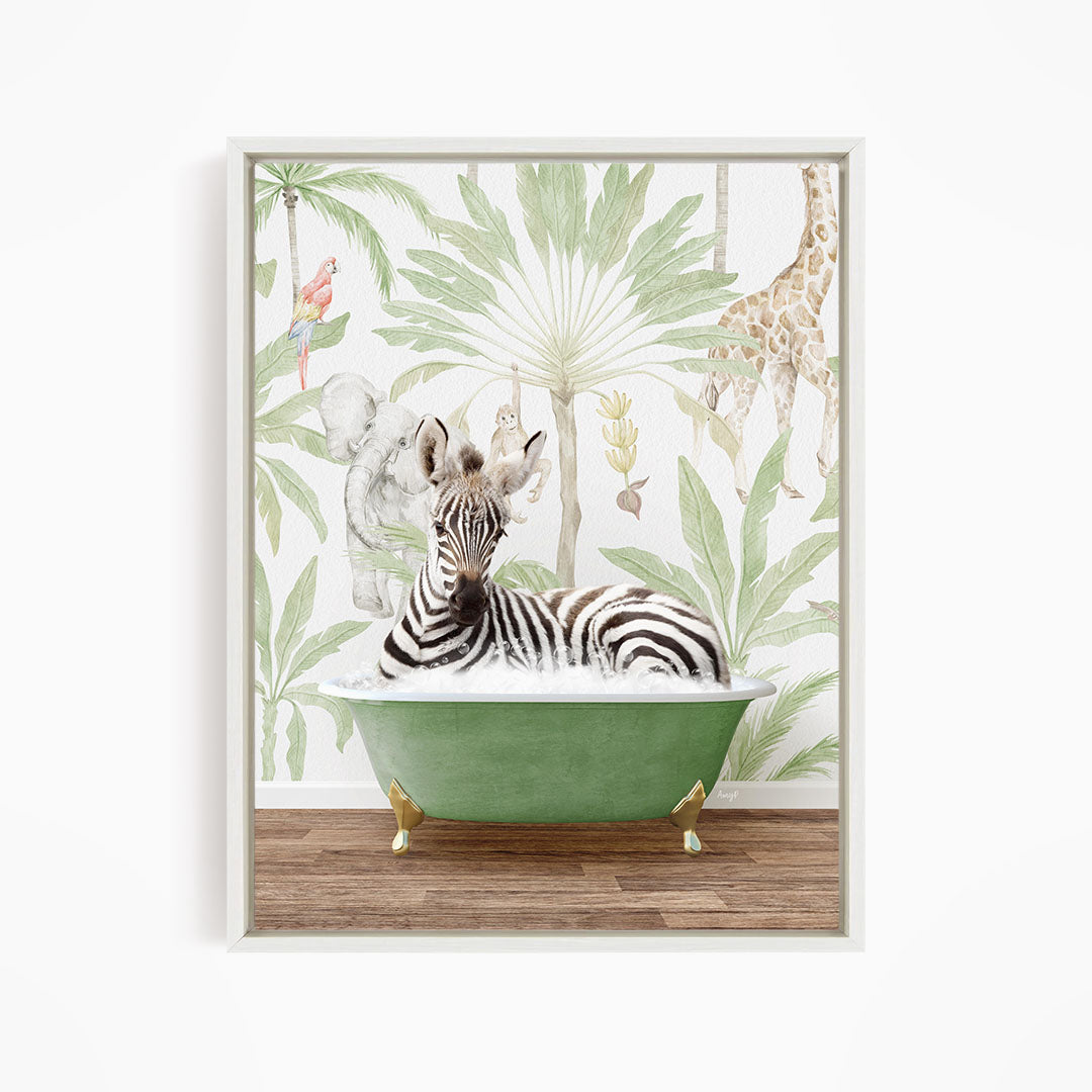 A zebra is sitting in a green bathtub, surrounded by tropical foliage and animals, including a giraffe and a parrot.