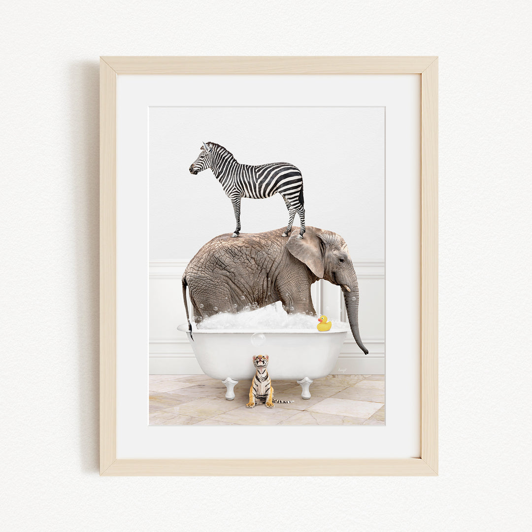 A zebra stands on the back of an elephant, which is sitting in a bathtub, while a tiger sits nearby.
