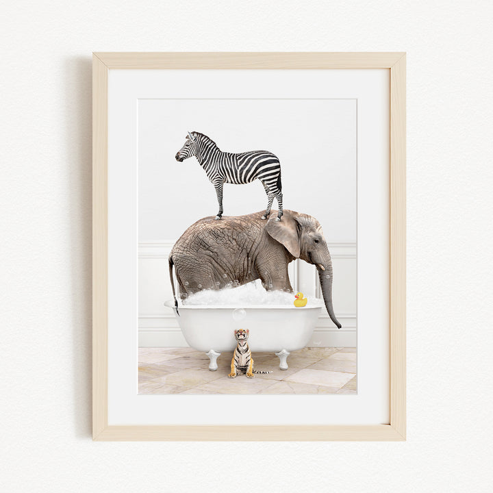 A zebra stands on the back of an elephant, which is sitting in a bathtub, while a tiger sits nearby.