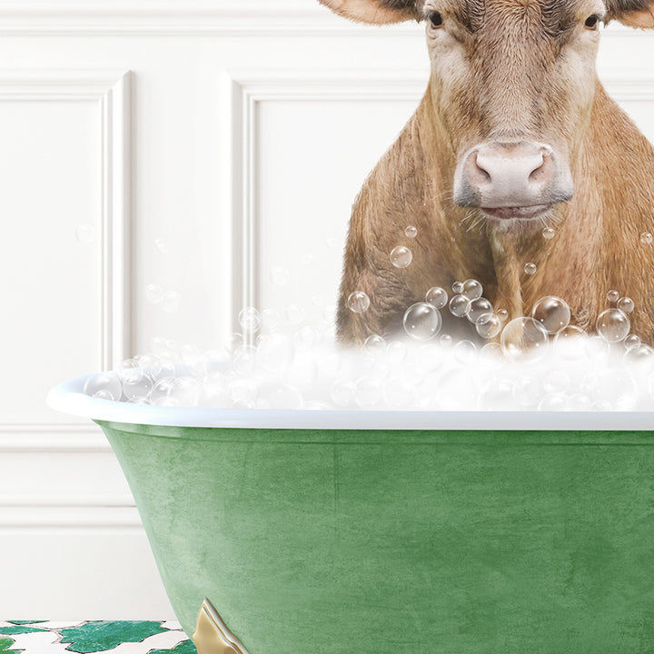 a cow is sitting in a bathtub full of bubbles