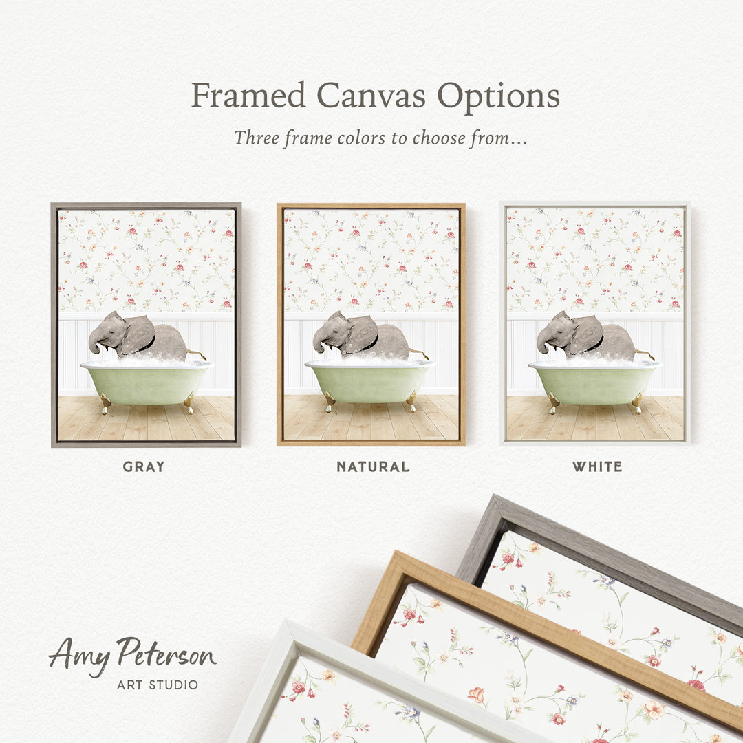 three framed canvas options featuring a gray elephant sitting in a green bathtub, with each option having a different frame color: gray, natural, and white.