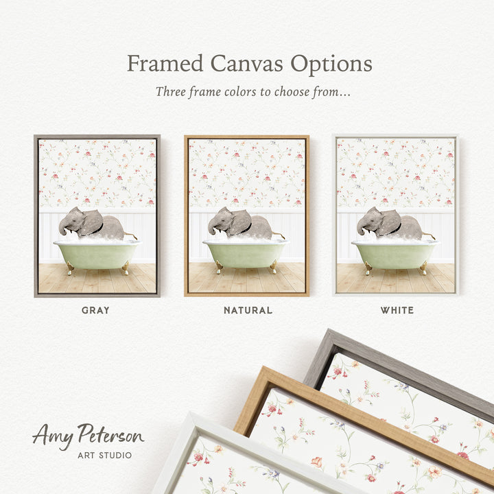three framed canvas options featuring a gray elephant sitting in a green bathtub, with each option having a different frame color: gray, natural, and white.