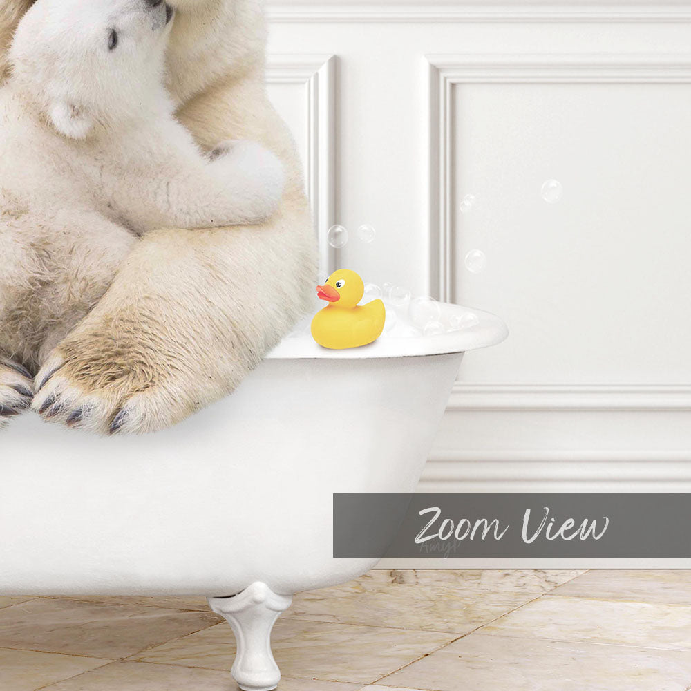 A polar bear sitting in a bathtub next to a rubber duck, with the text "Zoom View" below the image.