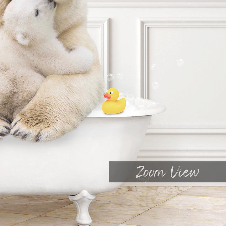 A polar bear sitting in a bathtub next to a rubber duck, with the text "Zoom View" below the image.