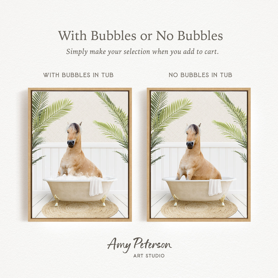 The image is a collage of two pictures featuring a horse sitting in a bathtub. The horse is surrounded by palm leaves, creating a tropical atmosphere. The collage includes a frame with the text "With Bubbles or No Bubbles" and "WITH BUBBLES IN TUB" and "NO BUBBLES IN TUB" to indicate the bathing experience. The artist's name, Amy Peterson, is also mentioned in the image.