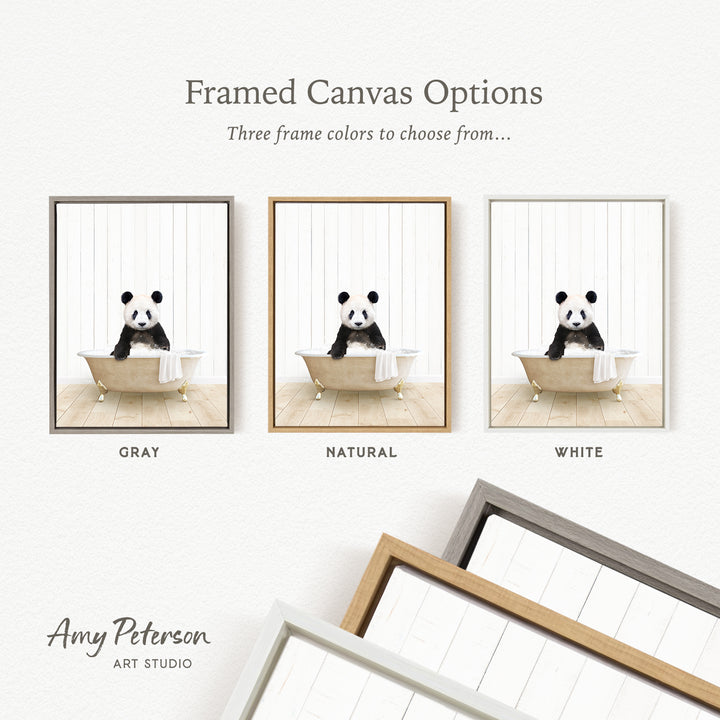 three framed canvas options, each featuring a panda bear in a bathtub. The options include a gray frame, a natural frame, and a white frame.