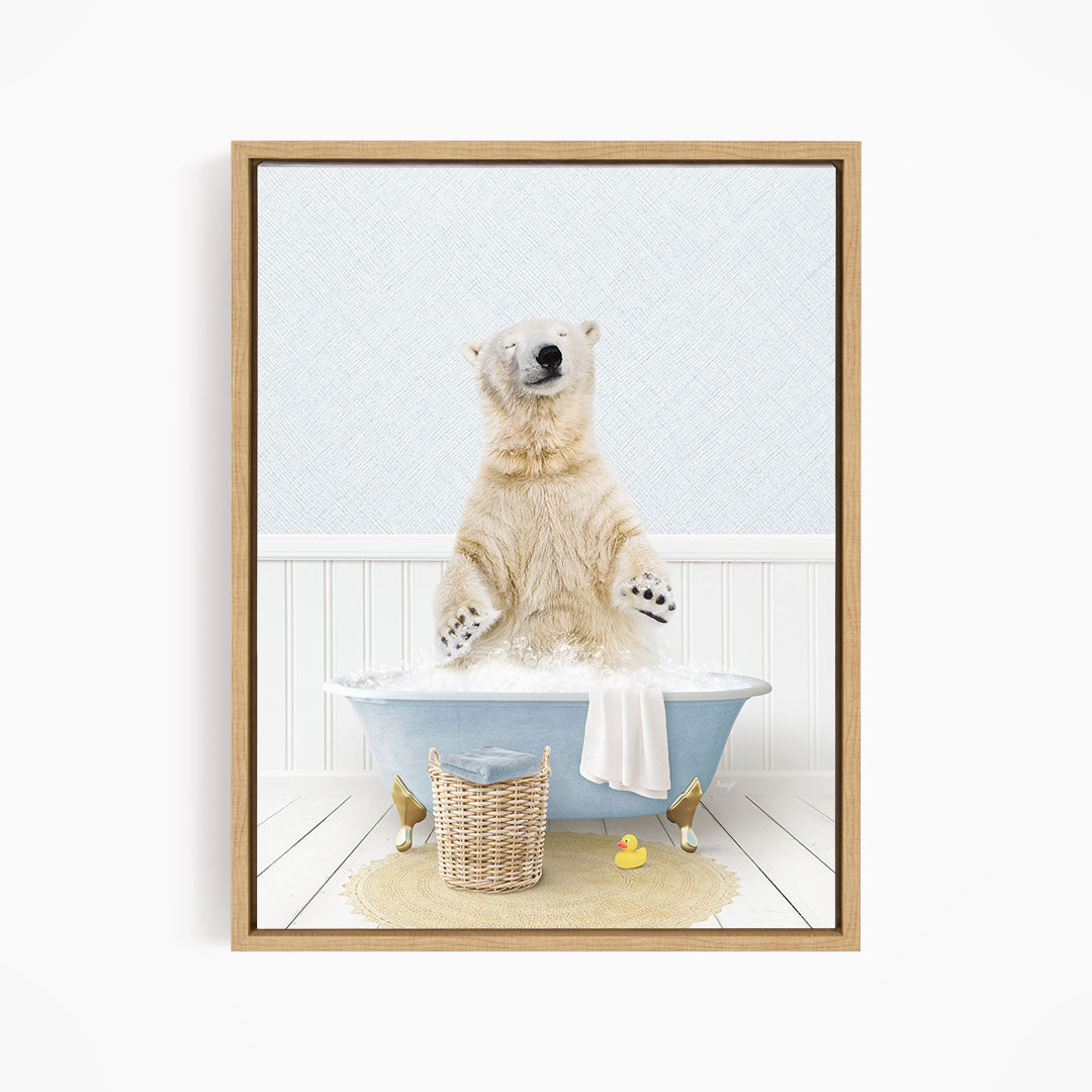 A polar bear sitting in a bathtub filled with water, surrounded by rubber ducks.