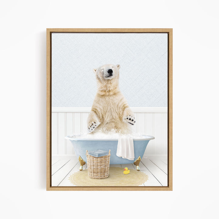 A polar bear sitting in a bathtub filled with water, surrounded by rubber ducks.