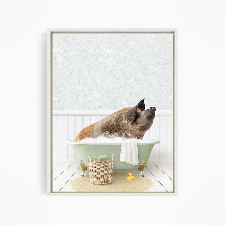 A brown dog is sitting in a green bathtub filled with water, surrounded by a yellow rubber duck and a basket.