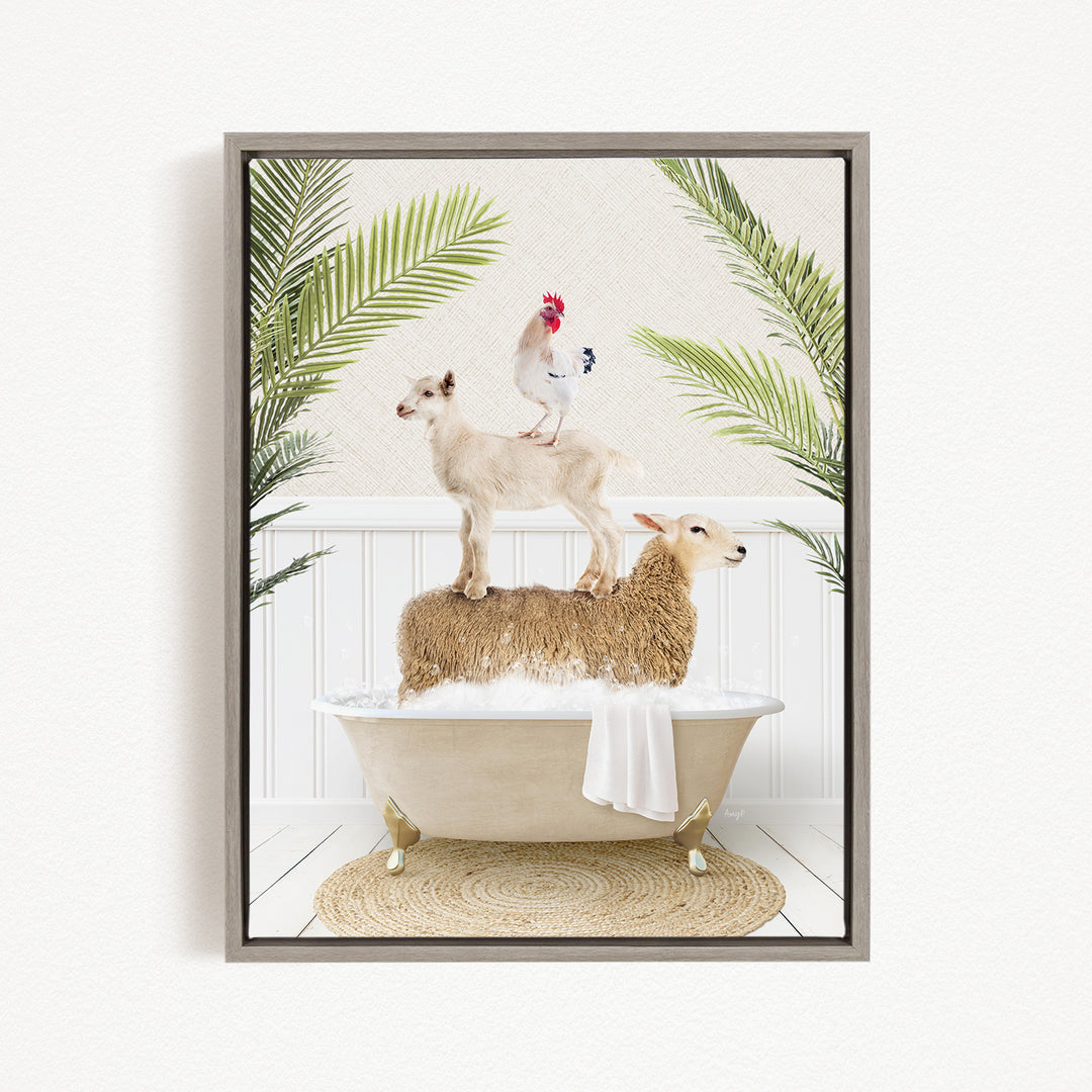 A framed image depicting a sheep standing on a tub filled with water, with a chicken perched on top of it, and a rooster standing on the sheep's back.