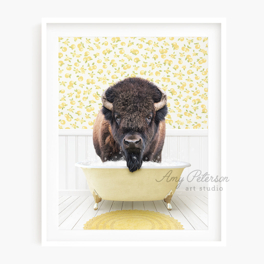 a bison is taking a bath in a bathtub