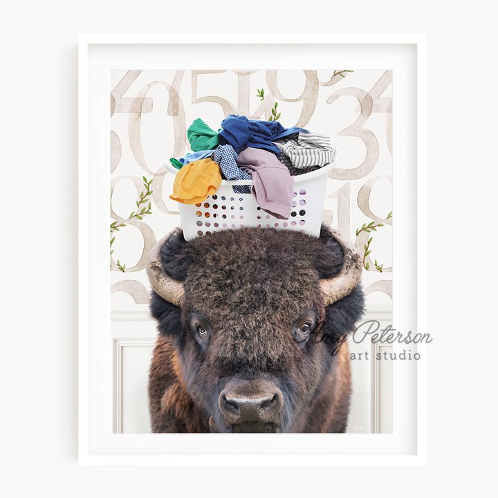 a picture of a bison with a pile of clothes on it's head