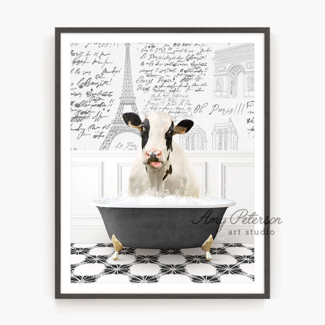 a cow is sitting in a bathtub in front of a wall