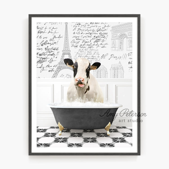 a cow is sitting in a bathtub in front of a wall