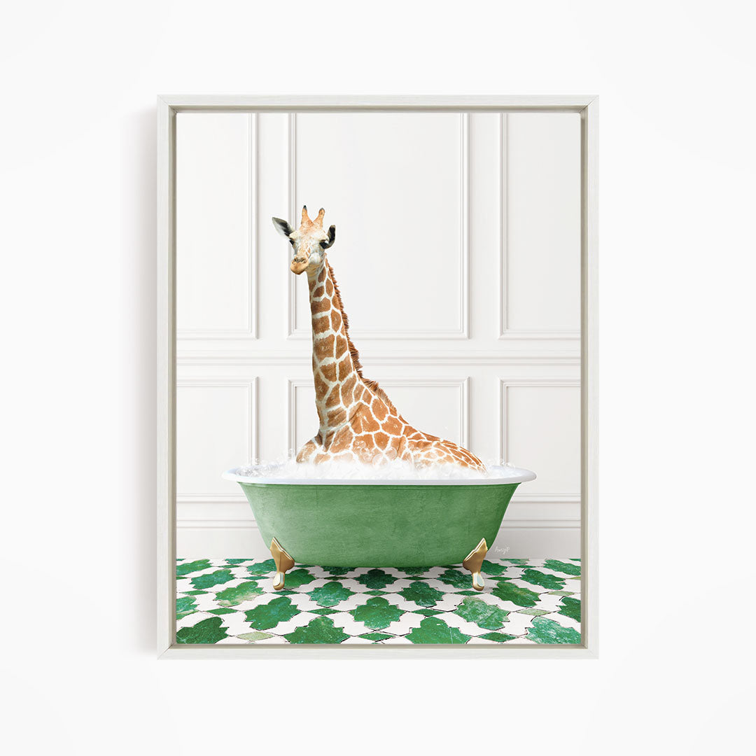 A giraffe sitting in a green bathtub filled with bubbles, surrounded by a green and white patterned floor.
