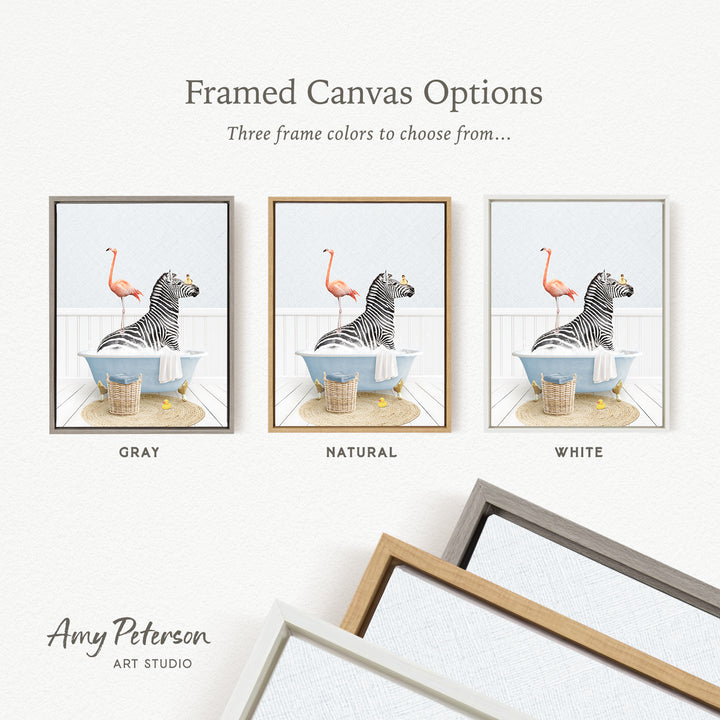 three framed canvas options featuring a zebra and a flamingo in a bathtub, with three different frame colors to choose from: gray, natural, and white.