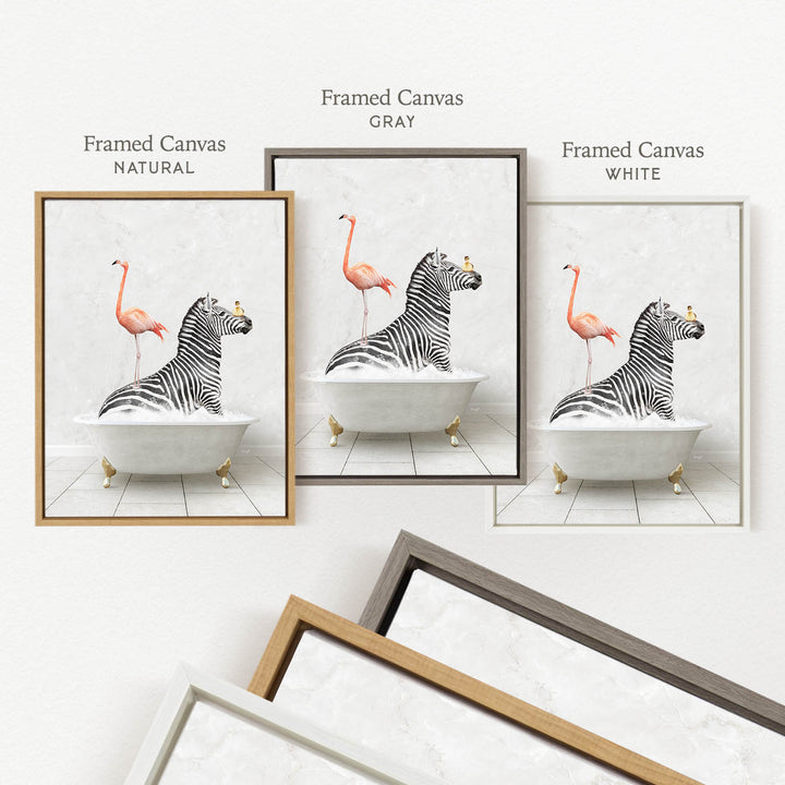 a framed canvas with a zebra and a flamingo sitting in a bathtub. The canvas is labeled as " Framed Canvas" and " Framed Canvas" in different colors, with "Natural" and "White" being the most common.