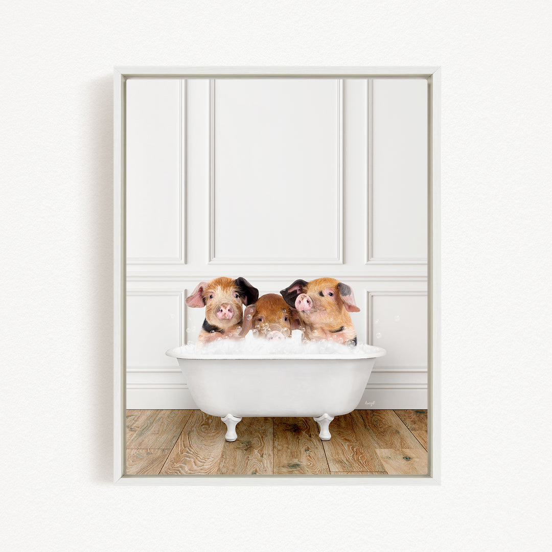 Three adorable pigs sitting in a white bathtub, enjoying a relaxing bath.
