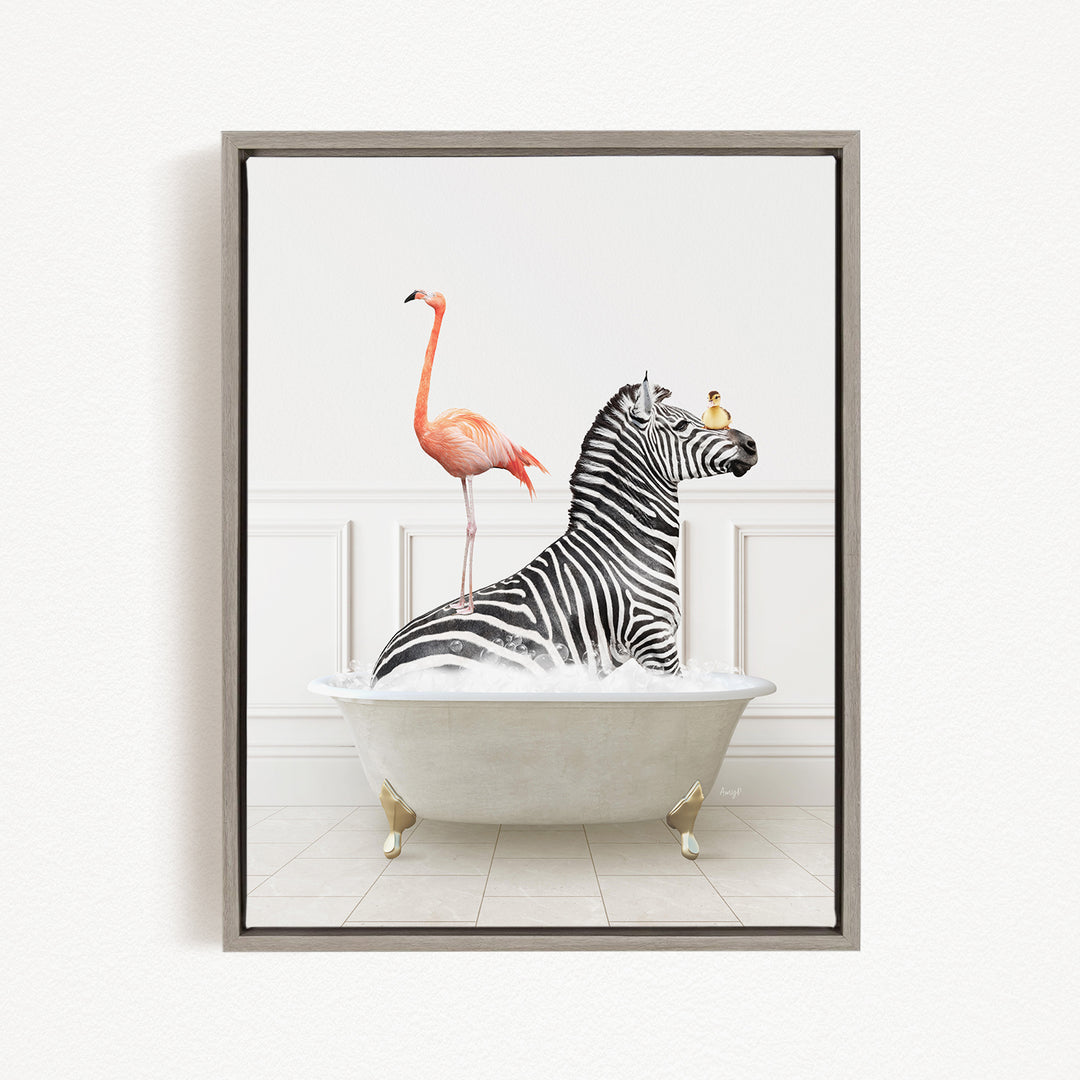 A zebra is sitting in a bathtub filled with water, with a flamingo standing on its back.