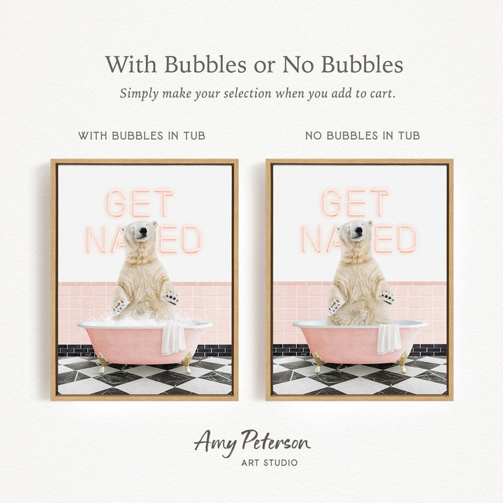 The image is a collage of two pictures featuring a polar bear sitting in a pink bathtub. The polar bear is sitting on a towel, and the bathtub is pink. The text above the images reads "With Bubbles or No Bubbles Simply make your selection when you add to cart." The text below the images reads "WITH BUBBLES IN TUB" and "NO BUBBLES IN TUB."
