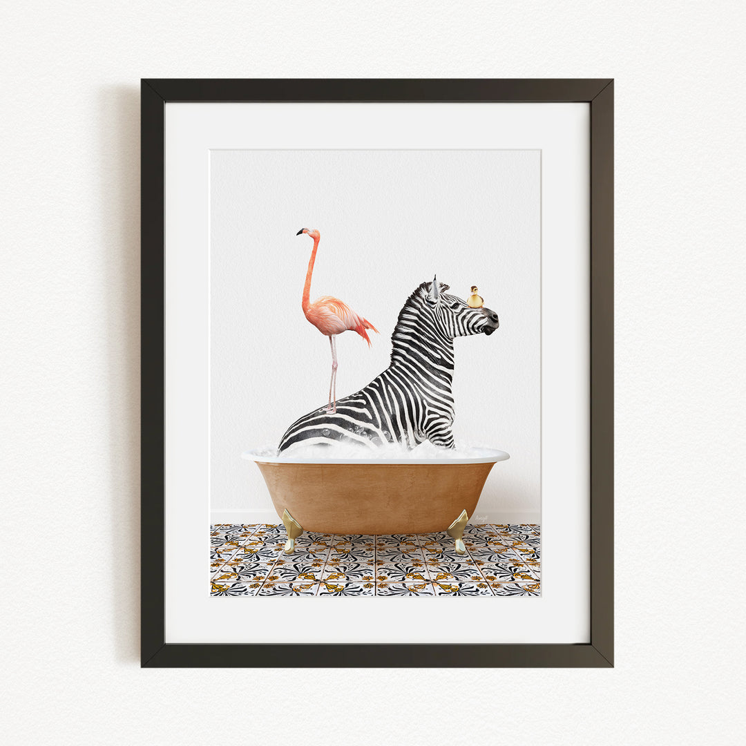 A framed image depicting a zebra sitting in a bathtub with a flamingo standing on its back.