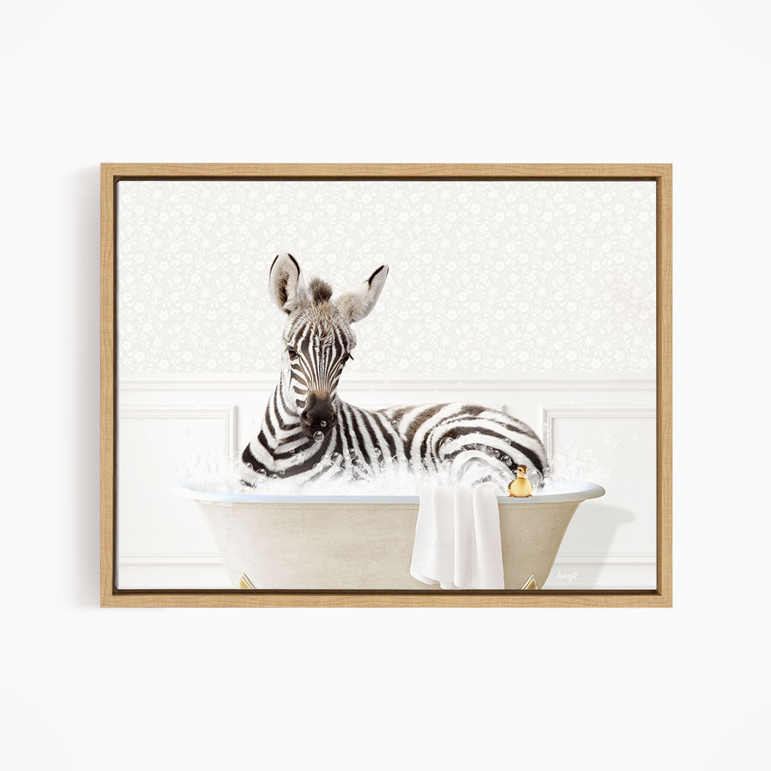 A zebra is sitting in a bathtub filled with water, surrounded by a white towel.