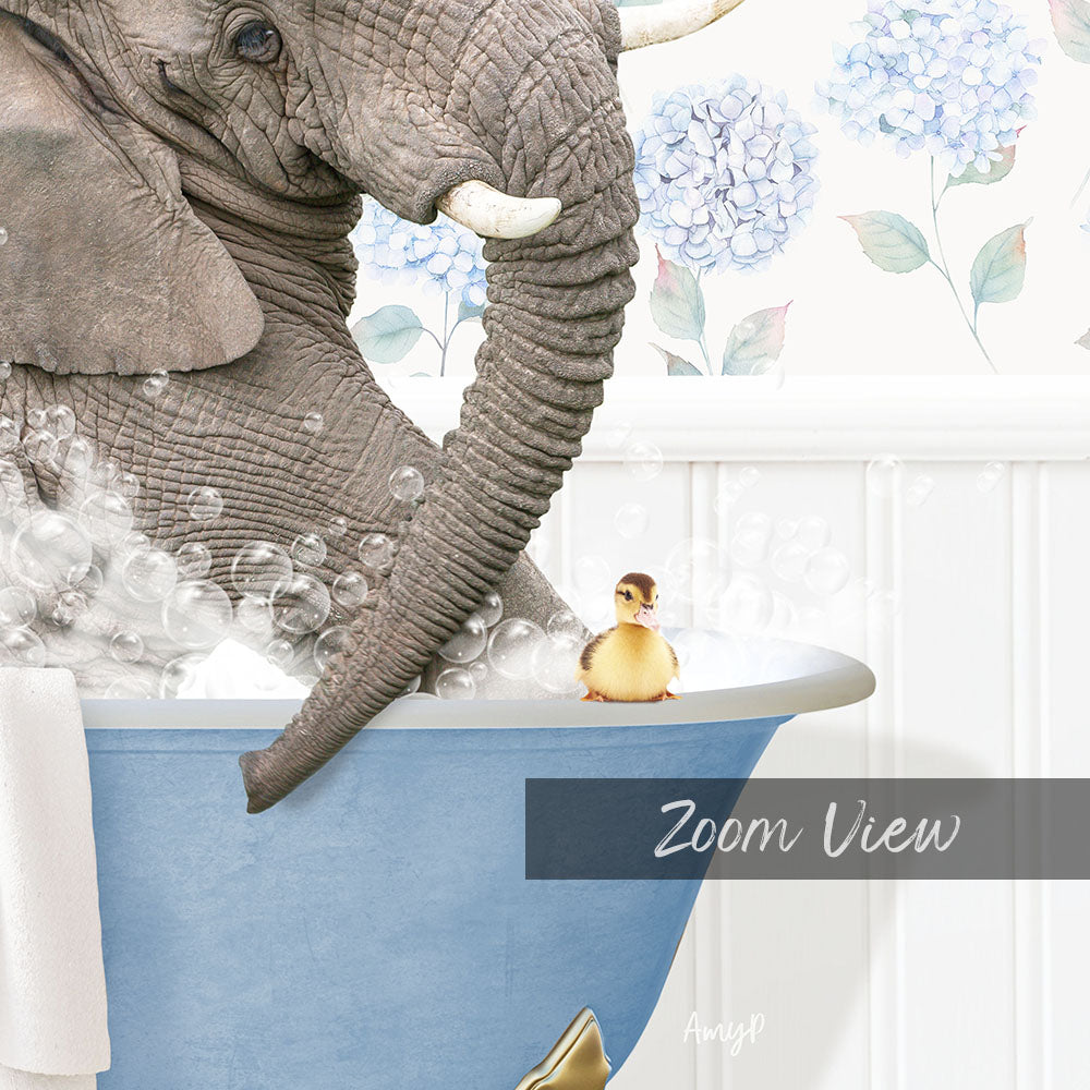 A large gray elephant is taking a bath in a blue tub, with a small yellow duck sitting on the edge of the tub.