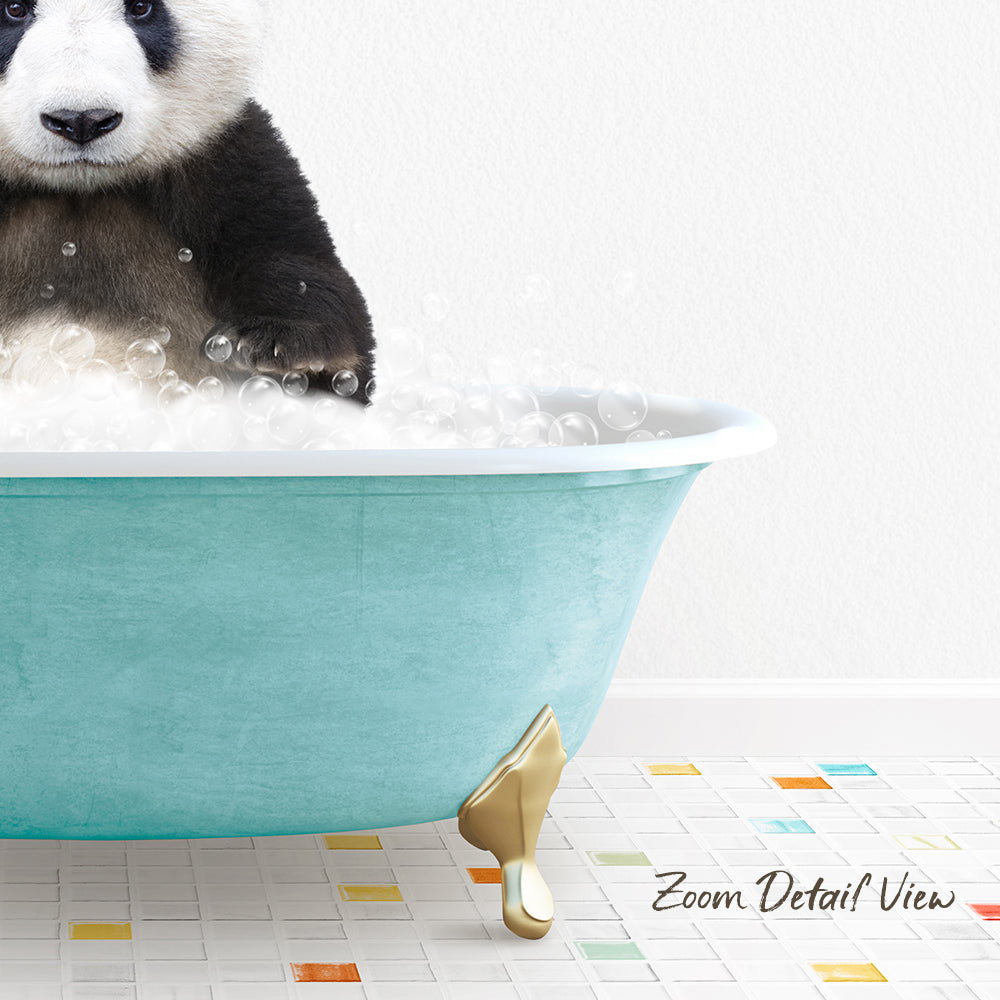 A panda sitting in a blue bathtub filled with bubbles, with a colorful tiled floor in the foreground.