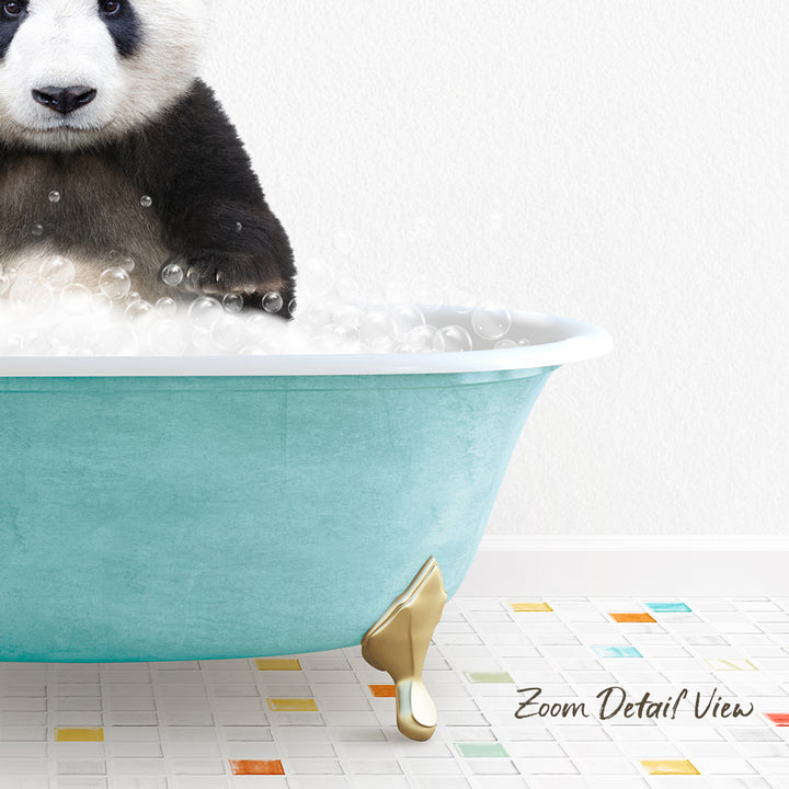 A panda sitting in a blue bathtub filled with bubbles, with a colorful tiled floor in the foreground.