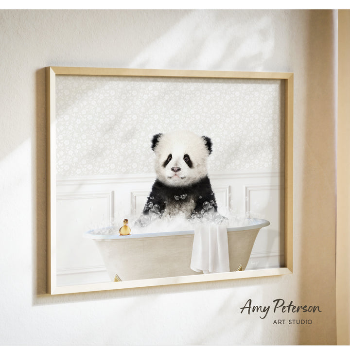 A panda bear sitting in a bathtub filled with bubbles, surrounded by a white floral patterned wall.