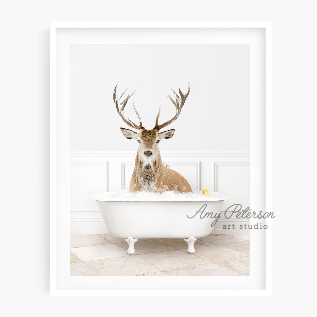 a picture of a deer sitting in a bathtub