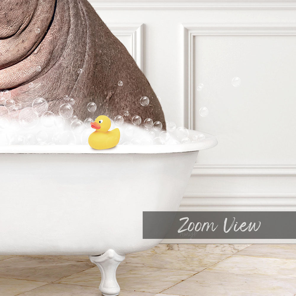 A yellow rubber duck sits in a white bathtub filled with bubbles, creating a whimsical and playful scene.