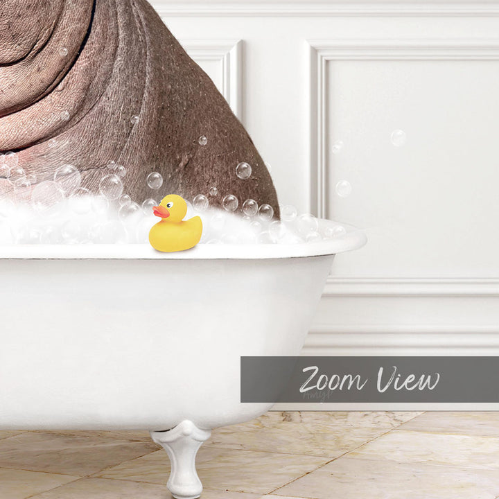 A yellow rubber duck sits in a white bathtub filled with bubbles, creating a whimsical and playful scene.